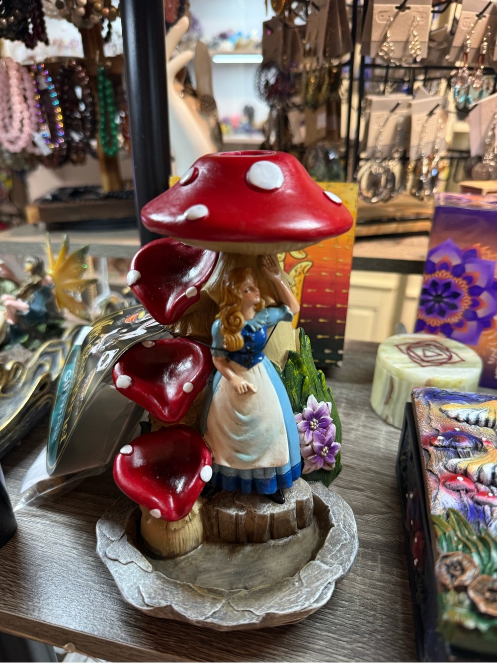 Alice Figurine Under Red Toadstool Mushroom back flow incense burner